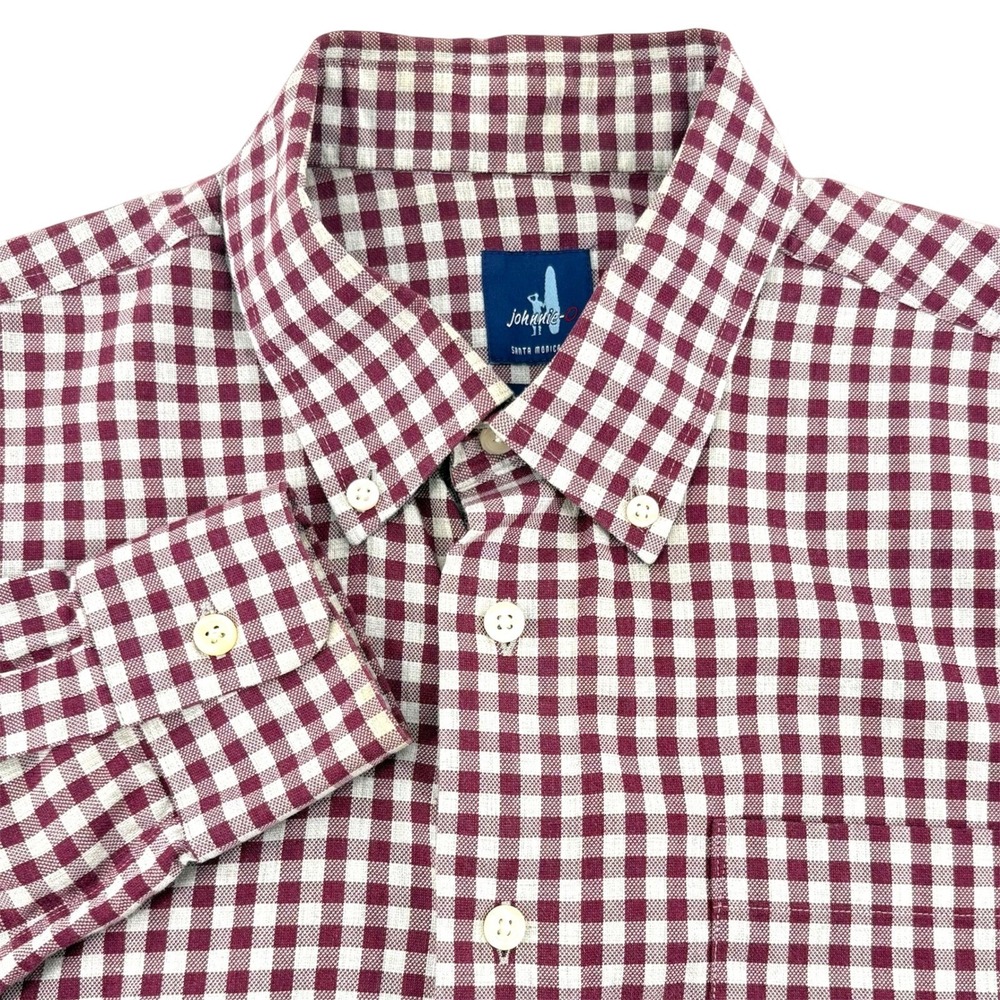 Johnnie-O Mens Medium Maroon White Gingham Check Button Down Shirt Long Sleeve